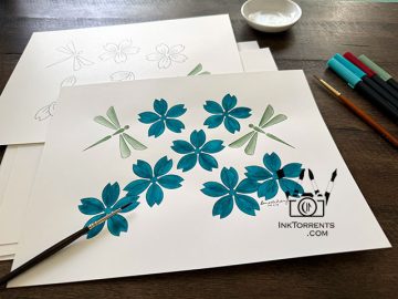 Everyday Bullet Journals with Fluttering Spring Cherry Blossoms Cover in teal green @ InkTorrents.com by Soma Acharya