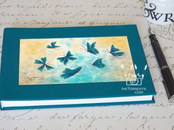 Midnight Tide Blue cloth-bound layflat notebook with The Blue Butterfly Effect art — InkTorrents Graphics