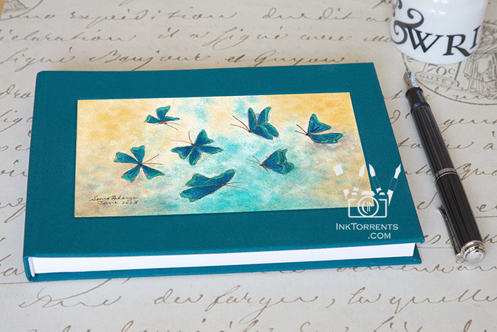 Midnight Tide Blue cloth-bound layflat notebook with The Blue Butterfly Effect art — InkTorrents Graphics