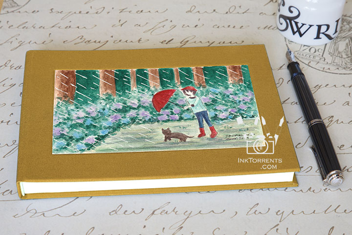 Muted Amber Yellow cloth-bound layflat notebook with Blue Hydrangeas in the Rain art — InkTorrents Graphics