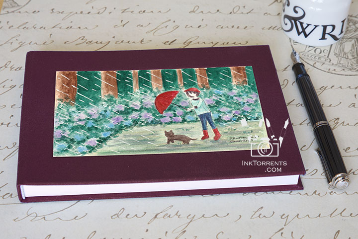 Dusk Red cloth-bound layflat notebook with Blue Hydrangeas in the Rain art — InkTorrents Graphics