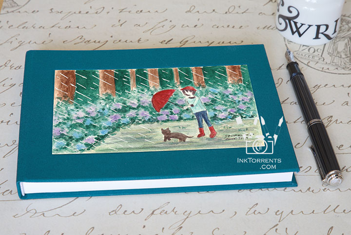 Midnight Tide Blue cloth-bound layflat notebook with Blue Hydrangeas in the Rain art — InkTorrents Graphics