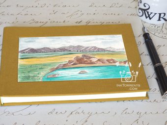 Muted Amber Yellow cloth-bound layflat notebook with Turquoise Sierra Hot Springs art — InkTorrents Graphics