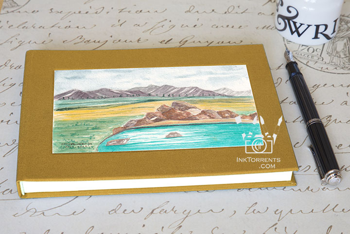 Muted Amber Yellow cloth-bound layflat notebook with Turquoise Sierra Hot Springs art — InkTorrents Graphics