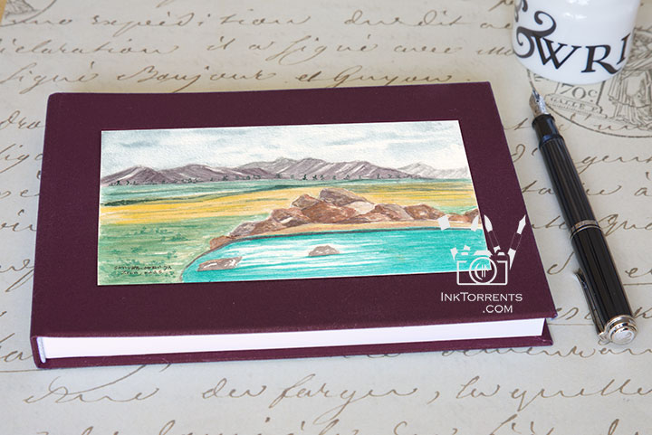 Dusk Red cloth-bound layflat notebook with Turquoise Sierra Hot Springs art — InkTorrents Graphics