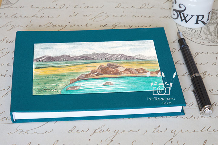 Midnight Tide Blue cloth-bound layflat notebook with Turquoise Sierra Hot Springs art — InkTorrents Graphics