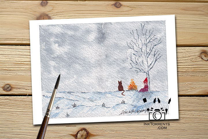 Snow Day Plans - The Girl And Her Cat planning their voyage Art Print Greeting Card by @ InkTorrents.com by Soma