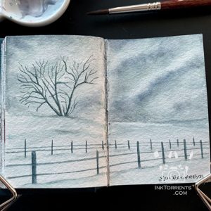 Lone tree on the snow field watercolour painting @ InkTorrents.com by Soma