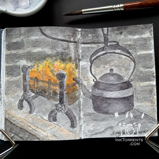 Roaring fire in the stone fireplace watercolour painting @ InkTorrents.com by Soma