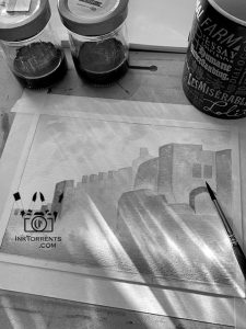 An afternoon spent on painting a castle with homemade ink from flowers.