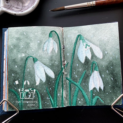 Snowdrops Watercolour in handmade watercolor journal @ InkTorrents.com by Soma