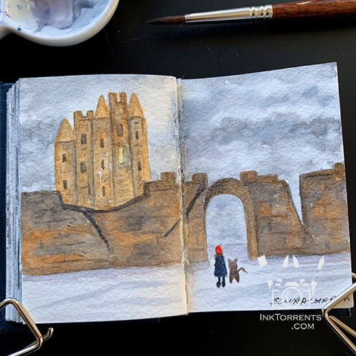Castle Tower with the Girl and Her Cat watercolour painting @ InkTorrents.com by Soma