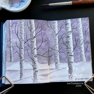 Birch trees in snow watercolour painting @ InkTorrents.com by Soma