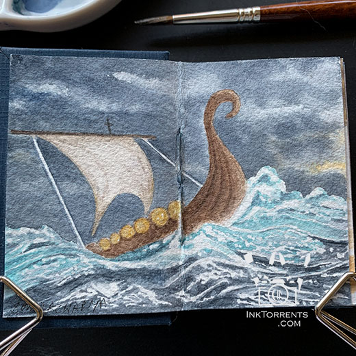 Viking ship in stormy waters watercolour painting @ InkTorrents.com by Soma