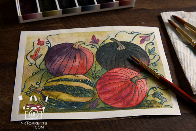 My October Photo Project - Pumpkins watercolor painting by Soma @ Inktorrents.com