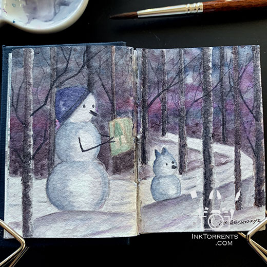 Snowmen on a trail watercolour painting @ InkTorrents.com by Soma