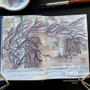 A mysterious stone house with tree watercolour painting @ InkTorrents.com by Soma