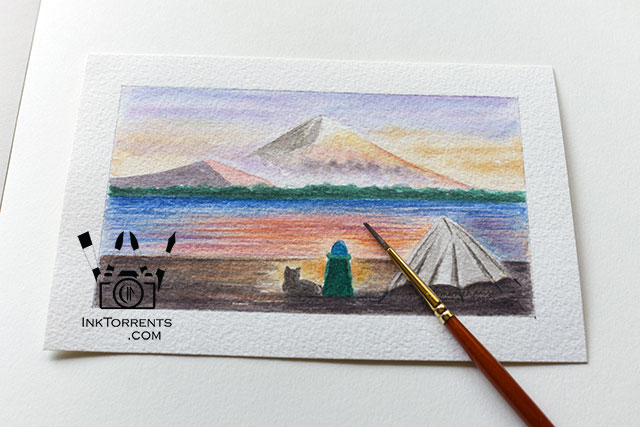 The Girl and Her Cat stories - Watching sunset while camping by the lake at the mountains painting on watercolor paper by Soma Acharya InkTorrents Graphics @ InkTorrents.com