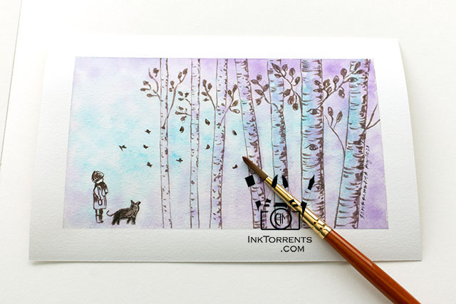Girl and her cat at the forest - Kuretake No 8 Fountain Brush Pen drawing and review by Soma Acharya InkTorrents Graphics @ InkTorrents.com