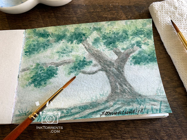 Tree on a misty rainy day watercolor painting @ inktorrents.com by Soma Acharya