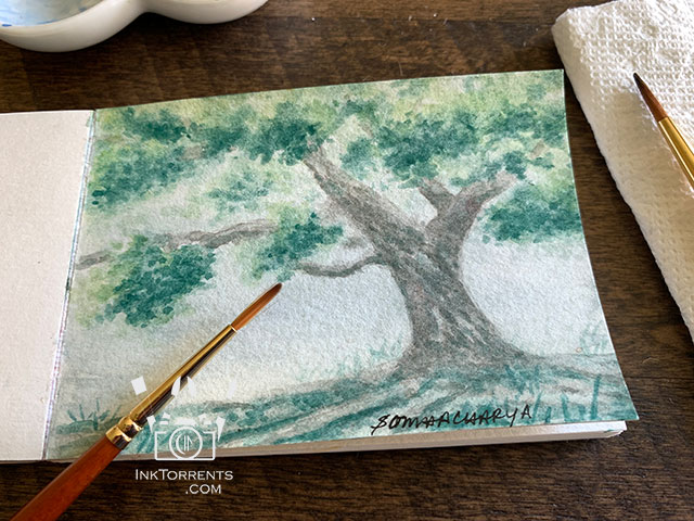 Tree on a misty rainy day watercolor painting @ inktorrents.com by Soma Acharya