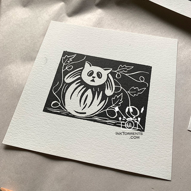 Cat on a pumpkin lino block print by Soma Acharya @ InkTorrents.com