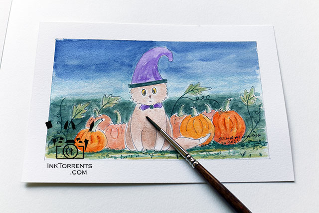 Charlie's Adventure - Cat and pumpkin Halloween watercolor painting by Soma Acharya InkTorrents Graphics @ InkTorrents.com