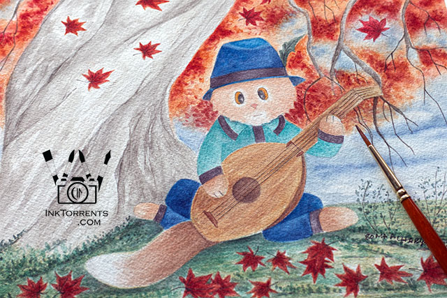 Charlie's Ballad - Charlie the cat playing lute watercolor painting by Soma Acharya InkTorrents Graphics @ InkTorrents.com