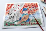 Charlie's Ballad - Charlie the cat playing lute watercolor painting by Soma Acharya InkTorrents Graphics @ InkTorrents.com