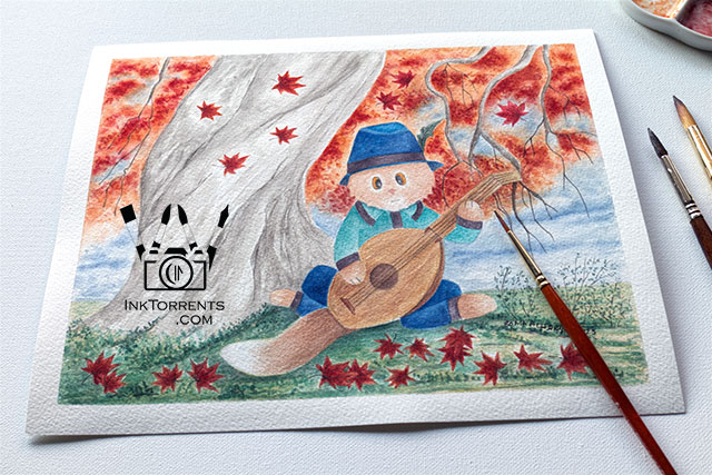 Charlie's Ballad - Charlie the cat playing lute watercolor painting by Soma Acharya InkTorrents Graphics @ InkTorrents.com