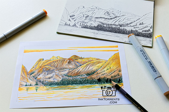 Alcohol marker painting of Tenaya Lake at Yosemite Tioga Pass — Copic marker tutorial by InkTorrents Graphics
