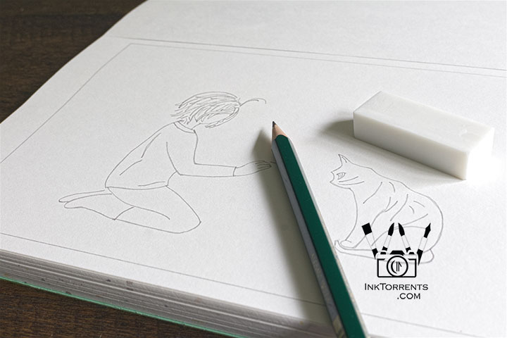 Copic marker drawing of Girl and her cat in a handmade blank notebook with Yosemite Valley cover art — InkTorrents Graphics