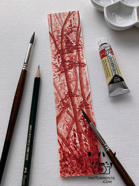 Rembrandt Watercolor - Red Forest Watercolor Bookmark by Soma @ InkTorrents.com