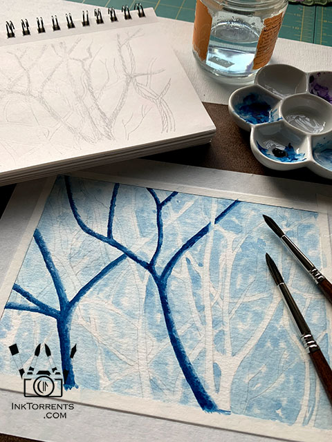 Prussian Blue Forest Watercolor Painting by Soma @ InkTorrents.com
