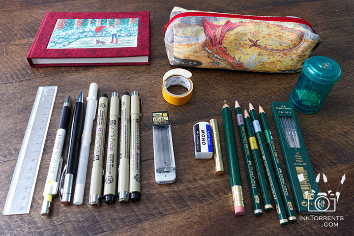 Sketchbook, pencil case, and pens for a travel journaling carry-on kit — InkTorrents Graphics
