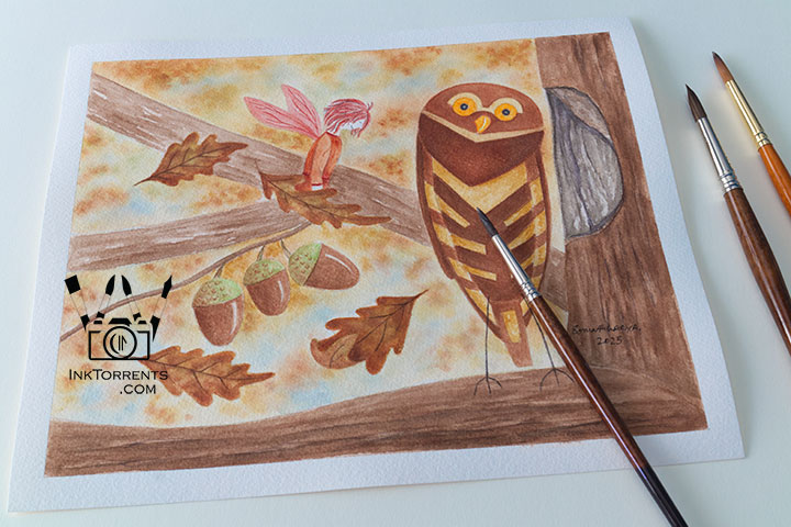 Owl and The Autumn Fairy watercolor painting in fall colors on coldpress paper, soft textured brushwork, by InkTorrents Graphics