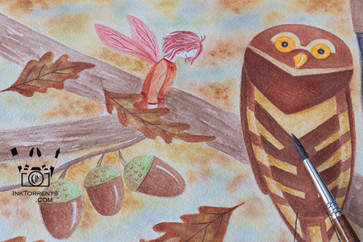 Owl and The Autumn Fairy watercolor painting in fall colors on coldpress paper, soft textured brushwork, by InkTorrents Graphics