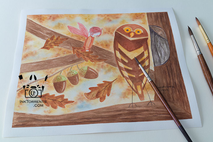 Owl and The Autumn Fairy watercolor painting in fall colors on hotpress paper, smooth crisp detail, by InkTorrents Graphics