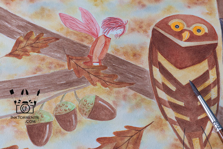 Owl and The Autumn Fairy watercolor painting in fall colors on hotpress paper, smooth crisp detail, by InkTorrents Graphics