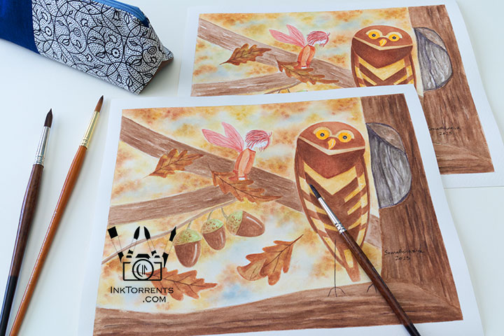 Owl and The Autumn Fairy watercolor painting, fall colors, compared on hotpress vs coldpress paper by InkTorrents Graphics