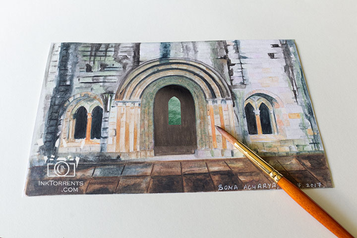 A painting of the weathered stone chapter house at Dryburgh Abbey, Scotland by InkTorrents Graphics