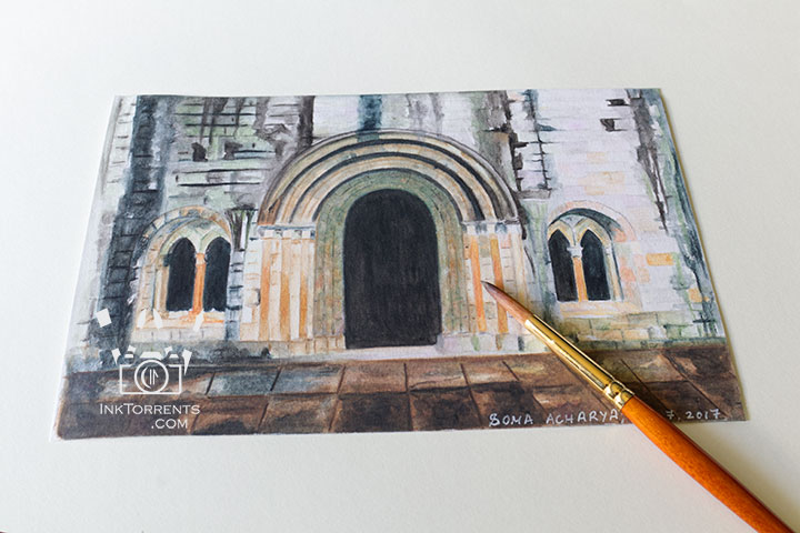 A painting of the weathered stone chapter house at Dryburgh Abbey, Scotland by InkTorrents Graphics