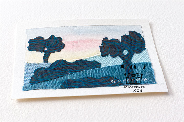 InkFortnight, a 14 day art challenge in September Day 7 Rolling Hills with Trees fabric ATC postcard, InkTorrents Graphics