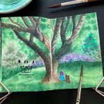 Watercolor painting of a little girl and her cat sitting in the forest — InkTorrents Graphics