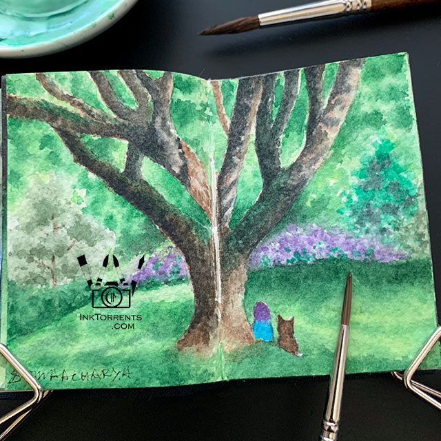 Watercolor painting of a little girl and her cat sitting in the forest — InkTorrents Graphics
