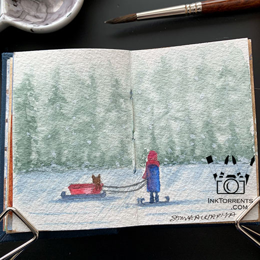 The Girl And Her Cat sledging at the frozen lake painting @ InkTorrents.com by Soma