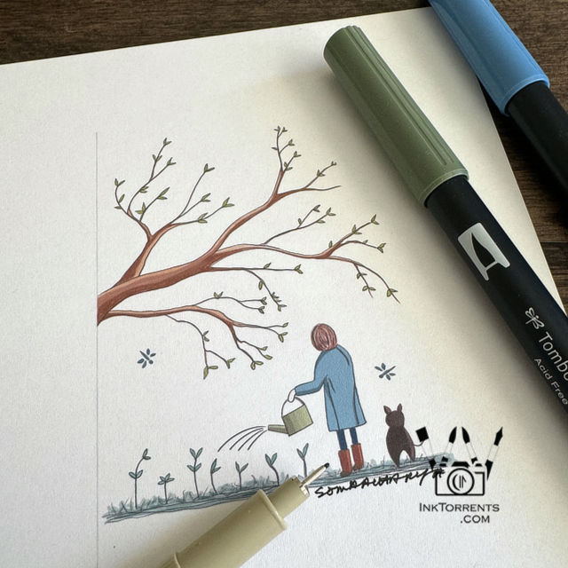 Girl and Her Cat drawing by Soma Acharya InkTorrents Graphics @ InkTorrents.com