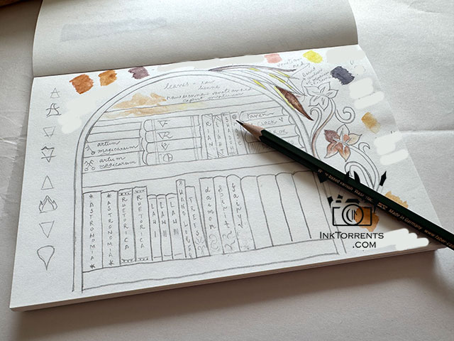 Outside The Lines Sketchbook drawings - Magic Bookshelf painting by Soma Acharya InkTorrents Graphics @ InkTorrents.com