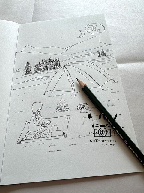 Outside The Lines Sketchbook drawings Girl and Her Cat camping at the Junction Campground Saddlebag Lake by Soma Acharya InkTorrents Graphics @ InkTorrents.com