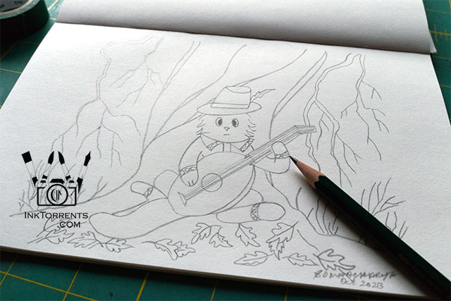 Cat playing lute sketch by Soma Acharya @ InkTorrents.com